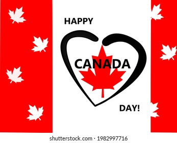 Alles Gute zum Canada Day! Vektorgrafik in Form der Flagge von Kanada, die die Symbole von Kanada - Ahornblätter, und in der Mitte eines Herzens mit einem Ahornblatt.
