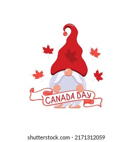 Feliz Día de Canadá ilustración vectorial con gnomo y texto escrito a mano. Dibujo de elfo en estilo plano. Caricatura. Diseño para decoración de vacaciones, tarjetas de felicitación, etiquetas de regalo, impresión de camisetas