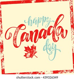 Happy Canada Day vector illustration greeting card. Canada Day flag poster with hand drawn calligraphy lettering. Red maple leaf on white background wallpaper.