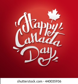 Happy Canada Day vector Illustration. 1st July celebration poster with text on red background with maple leaves.