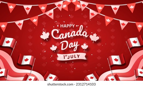 Happy Canada day vector Podium banner, greeting card. Canadian wavy flag in 1st of July national patriotic holiday horizontal design