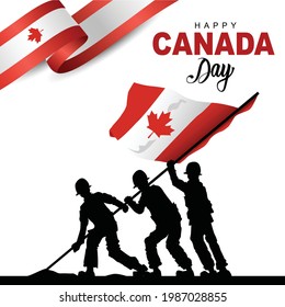 Happy Canada day Vector Template Design Illustration. silhouette soldiers raising with flag