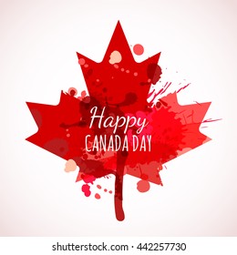 Happy Canada Day watercolor background. Holiday poster with red Canada maple leaf. Grunge canadian flag illustration. Design for banner or greeting cards.