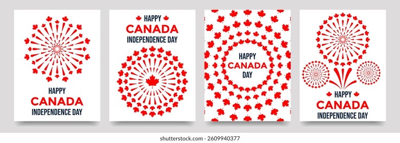 Happy Canada Independence Day. Social media story feed template with maple leaf fireworks, typography. Happy Canada Day vertical posters set