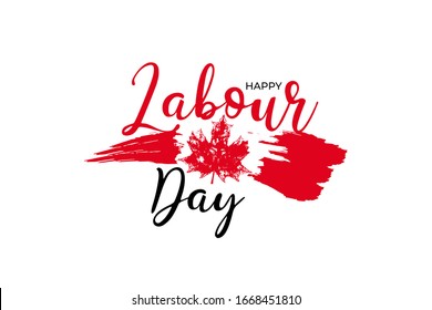 Happy Canada labour day vector label with red maple leaf on white background. Canadian Labor day banner, poster, flyer, placard, greeting card, national symbol flag