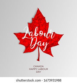 Feliz Día del Trabajo de Canadá etiqueta vectorial con hoja de arce roja en el fondo de la página de papel blanco. Banner, afiche, volante, pancarta, tarjeta de felicitación con símbolo nacional del Día del Trabajo Canadiense