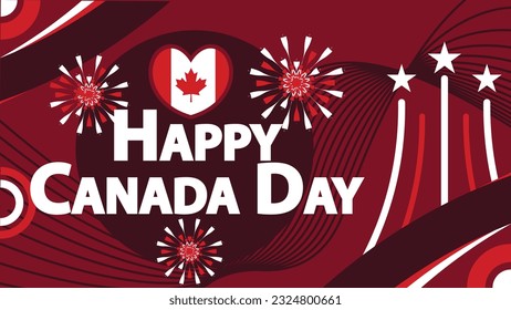 Happy Canada vector banner design with geometric shapes, Canada flag and red color pallet, typography and heart shape. Canada day modern graphic poster illustration for national holiday.