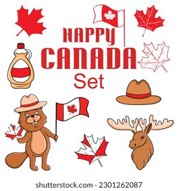 Happy Canada Vector Set, Beaver with Flag, Canadian Flag, Canadian Elements