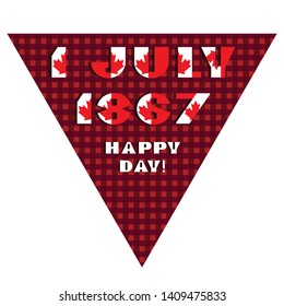 Happy Canadia day card with red and white color modern typography for celebration design, flyer, banner on checkered background. National flag style. Text 1 july 1867 Happy day