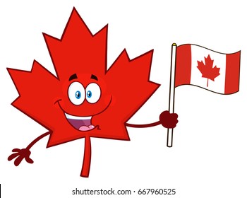 Happy Canadian Red Maple Leaf Cartoon Mascot Character Holding An Canadian Flag. Vector Illustration Isolated On White Background