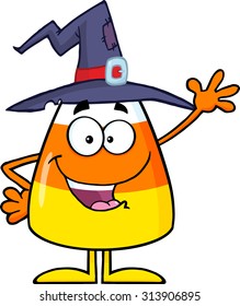 Happy Candy Corn Cartoon Character With A Witch Hat Waving. Vector Illustration Isolated On White