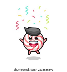 happy candy mascot jumping for congratulation with colour confetti , cute style design for t shirt, sticker, logo element