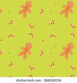 Happy candyman and candies seamless pattern on light green background