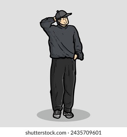 Happy Cap jacket hoodie pants shoes man boy facing right with smiling grey Background vector modern illustration