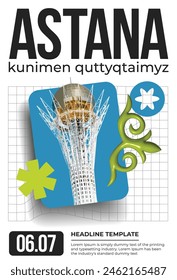 "Happy capital Astana day". Modern poster design  text with Baiterek tower illustration and kazakh national 3D oenament. Included a place for greetings text. Vertical orientation