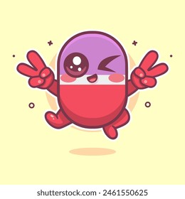 happy capsule medicine character mascot with peace sign hand gesture isolated cartoon 