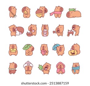 Happy capybara animal. Cartoon character in autumn day. Hand drawn style. Vector drawing. Collection of design elements.