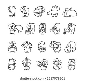 Happy capybara animal. Coloring Page. Cartoon character in autumn day. Hand drawn style. Vector drawing. Collection of design elements.