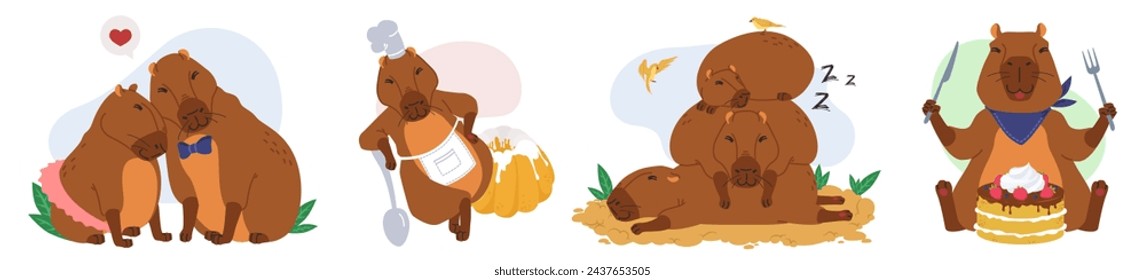 Feliz capibara personajes adorables pegatinas conjunto. Lindo animal cocinar calabaza de acción de gracias, comer torta de cumpleaños, dormir en divertida pila y un par de mamíferos divertidos ilustración vectorial