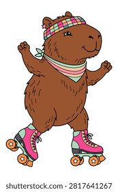 Happy capybara, roller disco dancer, vintage outfit, carefree spirit, festive mood, cool accessory, playful pose.