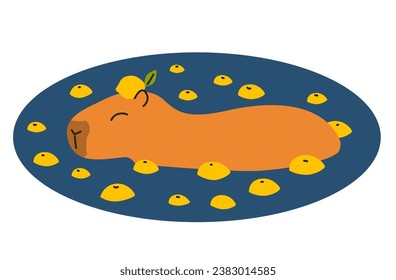 Happy capybara in the water with oranges. Vector flat illustration isolated on white background. Cute animal sticker.	