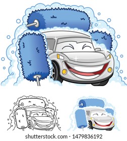Happy Car Cartoon Character Design in Automatic Tunnel Car Wash Systems, Including Flat and Line Art Designs, Vector Illustration, in Isolated White Background.
