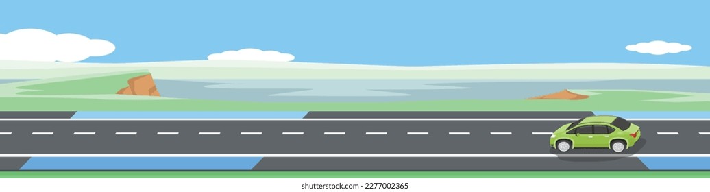 Happy car driving on asphalt road. Driving on country road with bike lens beside road. Background of mendow hills and fresh water reservoirs under blue sky. Copy Space Flat Vector for banner.