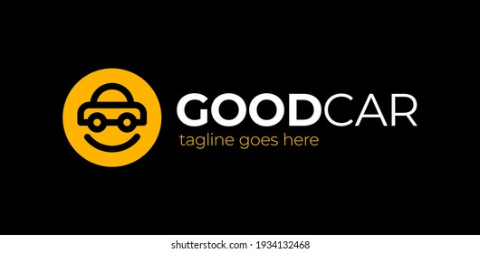 Happy Car Logo Design. Smile car vector logo design template. Car face in circle. Funny logotype design.