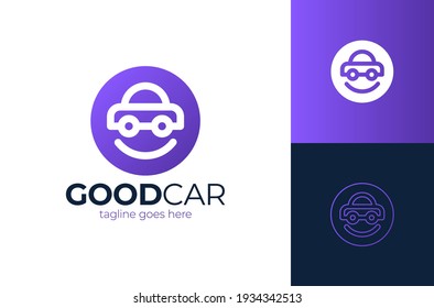 Happy Car Logo Design. Smile car vector logo design template. Car face in circle. Funny logotype design.
