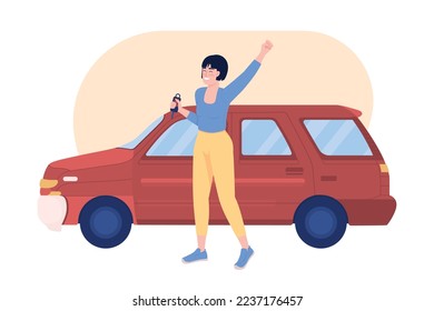 Happy car owner 2D vector isolated illustration. Woman buying automobile. Purchasing auto. Female flat character on cartoon background. Colorful editable scene for mobile, website, presentation