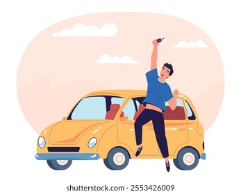 Happy car owner. Man buy or lease new automobile, client holding key vehicle auto rental service own transport purchase concept, guy driver cars customer vector illustration original artwork