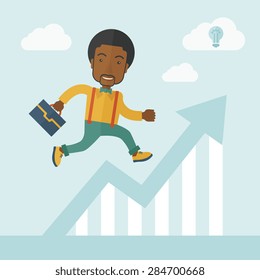 A happy career guy running going to a graph arrow up and have a brilliant idea on how to achieve his goal. Business progress concept. A contemporary style with pastel palette soft blue tinted