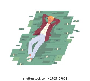 Happy carefree businessman resting on money heap. Relaxed successful man lying on cash stack. Financial success and wealth concept. Colored flat vector illustration isolated on white background
