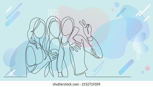 happy   carefree group friends posing together    one line drawing