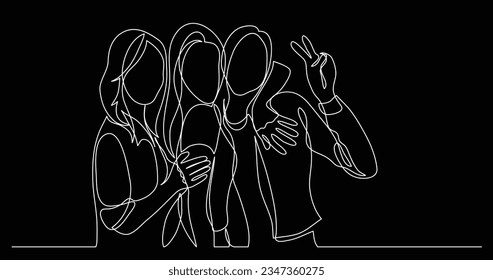 happy and carefree group of friends posing together - one line drawing