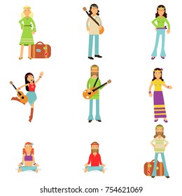 Happy and carefree people set. Hippies dressed in classic woodstock sixties hippy subculture clothes. Love and pacifism. Youth movement. Traveling, spiritual practices and music. Flat vector on white