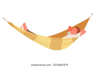 Happy carefree rest of boy sleeping in hanging yellow hammock. Young barefoot man lying in fabric swing bed with stripe pattern to sleep and relax, enjoy tranquility cartoon vector illustration