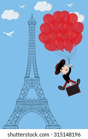 Happy carefree travel man in Paris with balloons
