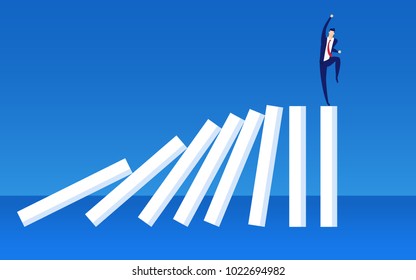 Happy careless businessman jumping on dominoes while domino effect is nearly approached to him. Business crisis concept. Cartoon Vector Illustration