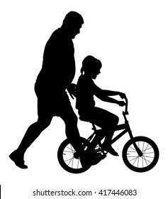  Happy caring father teaching his small young pretty daughter riding a bicycle vector silhouette illustration isolated on white background. Dad teaches his daughter to ride a bike. Fathers day.