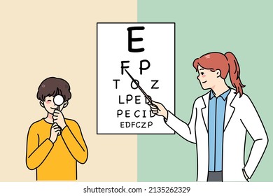 Happy caring female doctor check sight of small boy child in hospital. Woman ophthalmologist examine eyesight of little kid in clinic. Healthcare and medicine concept. Vector illustration. 