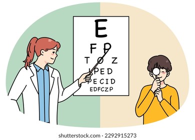 Happy caring female doctor check sight of small boy child in hospital. Woman ophthalmologist examine eyesight of little kid in clinic. Healthcare and medicine concept. Vector illustration.