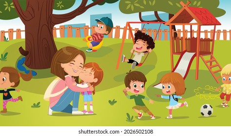 Happy caring mother hugging little cute daughter at childish playground vector flat illustration