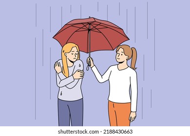 Happy Caring Woman Help Unhappy Wet Friend Share Umbrella. Smiling Attentive Female Show Support To Upset Girl On Rain On Street. Vector Illustration. 