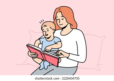 Feliz cuidado de la joven madre con un pequeño bebé leyendo un libro juntos. Mamá amorosa sonriente juega con un niño pequeño en casa. Concepto de maternidad. Ilustración vectorial. 