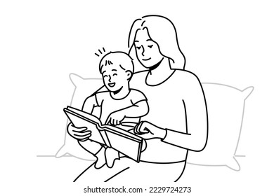 Happy caring young mother with little baby infant reading book together. Smiling loving mom play with small child at home. Motherhood concept. Vector illustration. 