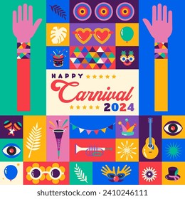 Happy Carnival  2024 colorful geometric background with splashes  speech bubbles  masks and confetti for cover, poster, social media template . vector illustration