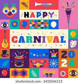 Happy Carnival  2024 colorful geometric background with splashes  speech bubbles  masks and confetti for cover, poster, social media template . vector illustration