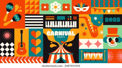 Happy Carnival background. Abstract geometric banner with carnival mask, musical instrument, garland and splashes. Celebrating traditional festival. Carnival Party Invitation. Flat vector illustration