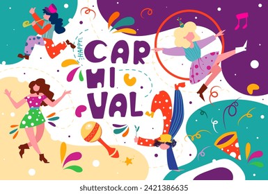 Happy Carnival banner. Colorful greeting card with confetti, clowns and performers. Invitation to traditional festival, event and holiday party. Cartoon flat vector illustration in doodle style